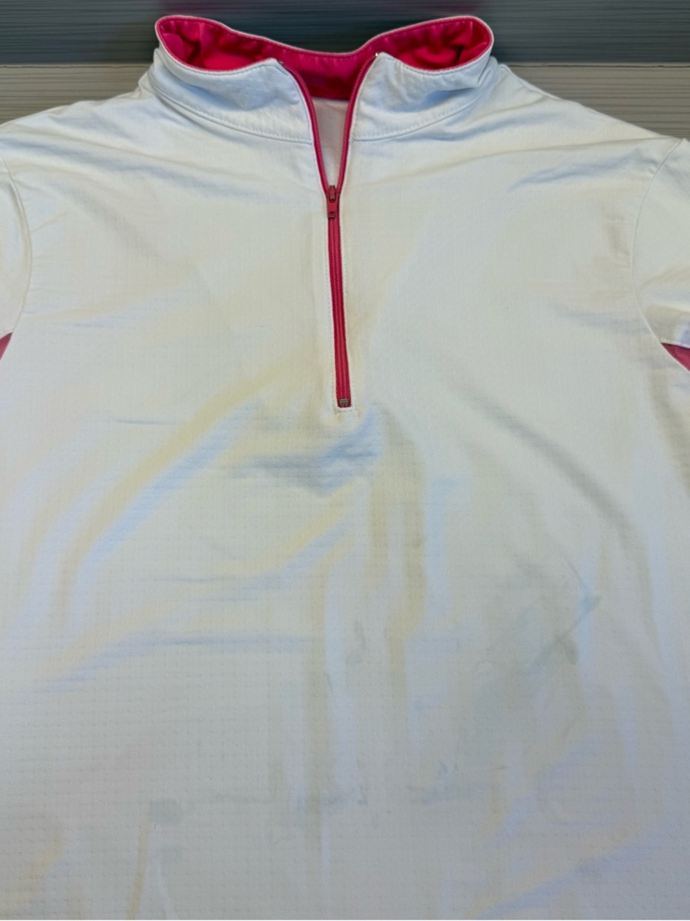 White Quarter-Zip Equestrian Riding Shirt with Pink Trim